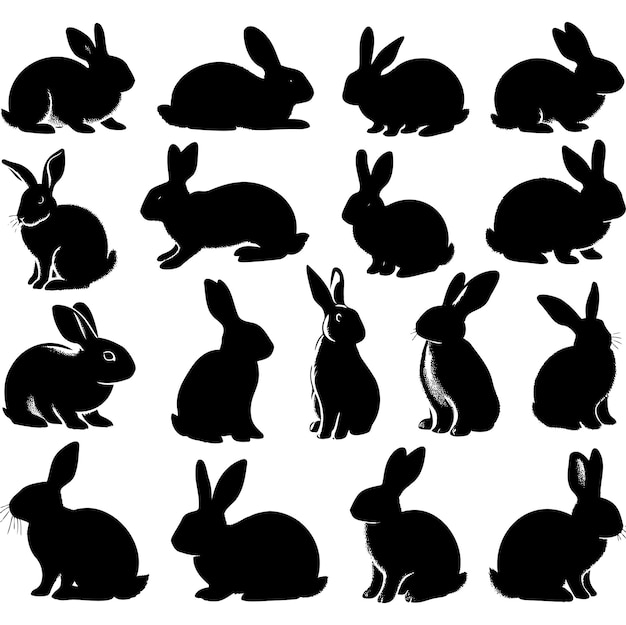 Conejo aislado en fondo blanco conjunto de diferentes siluetas de conejo para uso de diseño