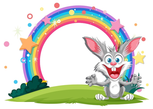 Un conejo alegre bajo un arco iris colorido