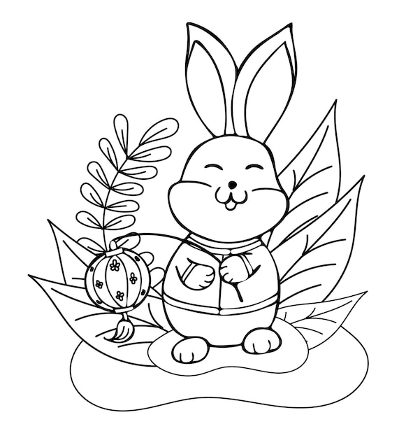 Conejo de año nuevo chino dibujado a mano con linterna en estilo de dibujos animados