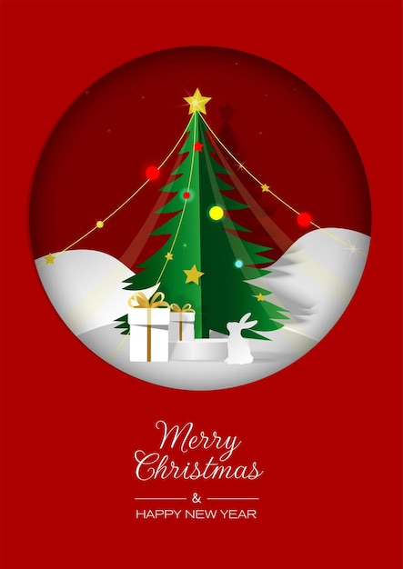 Conejo de árbol de Navidad y caja de regalos en un fondo rojo Tarjeta de felicitación de Navidad de estilo artesanal digital