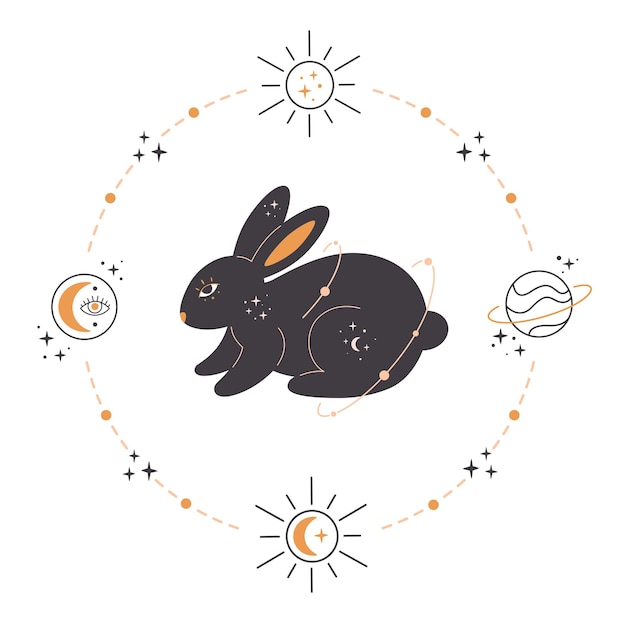 Conejo con astrología esotérica elementos místicos y mágicos Año del Conejo