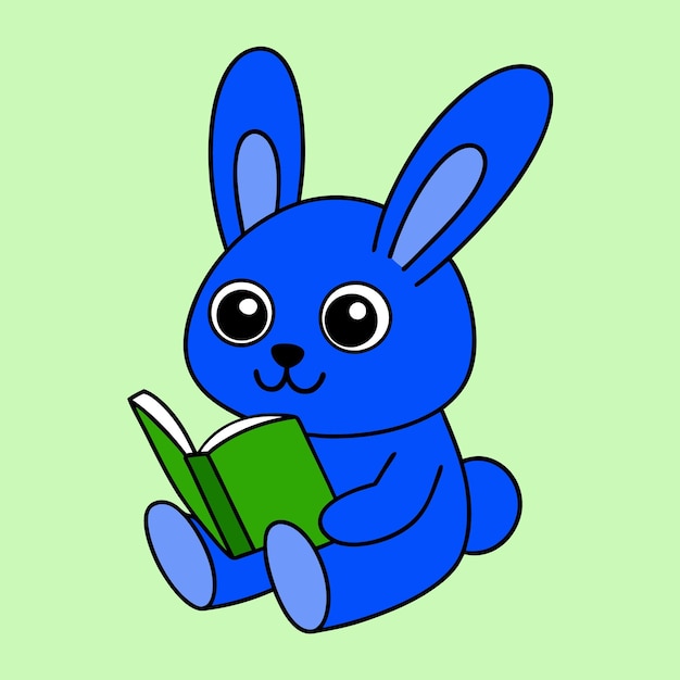 conejo azul leyendo un libro sobre un fondo blanco