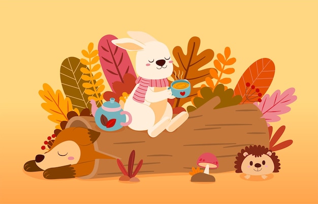 Conejo bebiendo té caliente, zorro durmiendo bajo tocón y erizo enano relajándose en otoño, personaje de dibujos animados de animales, ilustración vecter