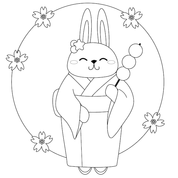 Un conejo blanco en kimono come dango dulces tradicionales japoneses para colorear, pintar e imprimir