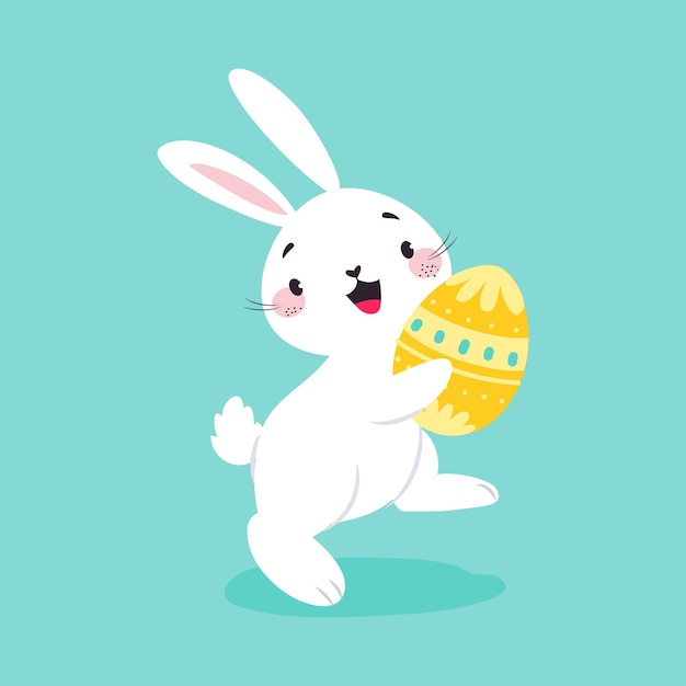 El conejo blanco de Pascua lleva un huevo decorado en un fondo azul Ilustración vectorial