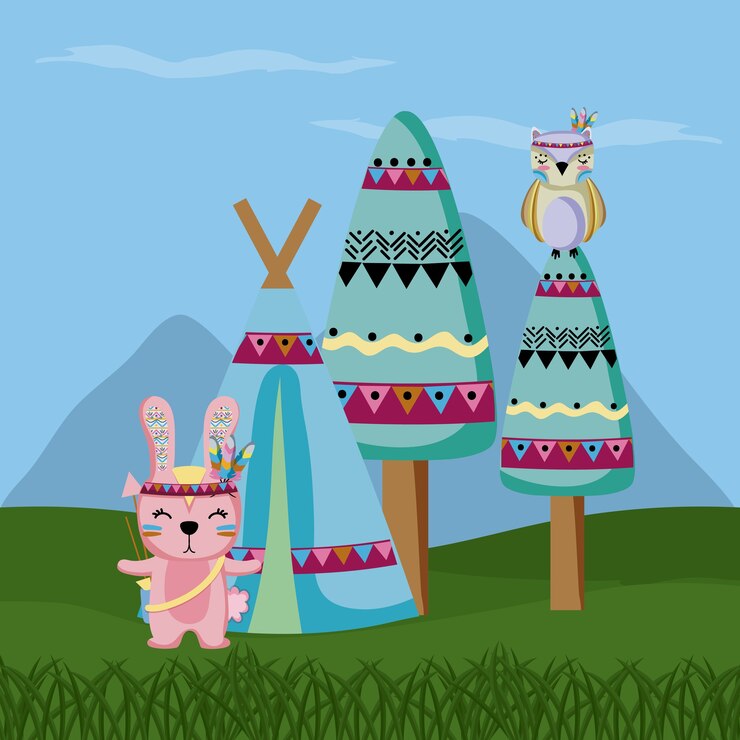 Vector conejo y búho en el bosque dibujos animados lindo