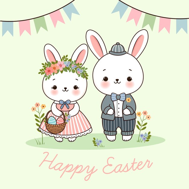 Un conejo con una canasta de huevos de Pascua una tarjeta de Pascua