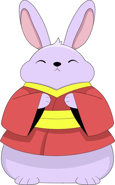Conejo chino dando un gesto de bienvenida en traje tradicional Ilustración al estilo de dibujos animados