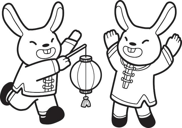 Conejo chino dibujado a mano con ilustración de linterna