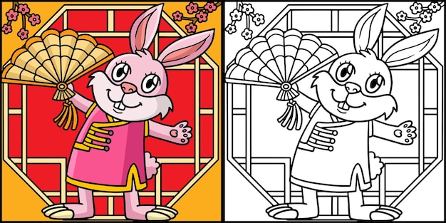 Conejo Chino Mano Abanico Para Colorear Ilustración
