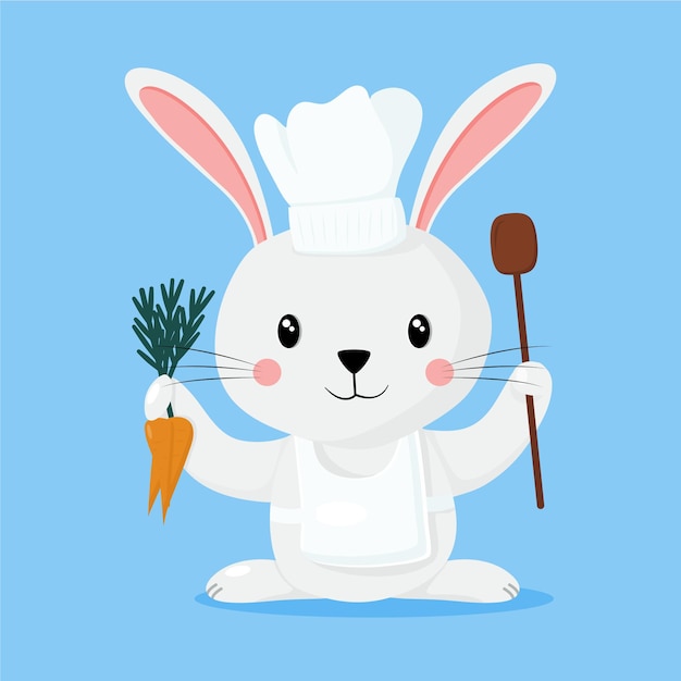 Un conejo cocinero con su delantal e ingredientes.