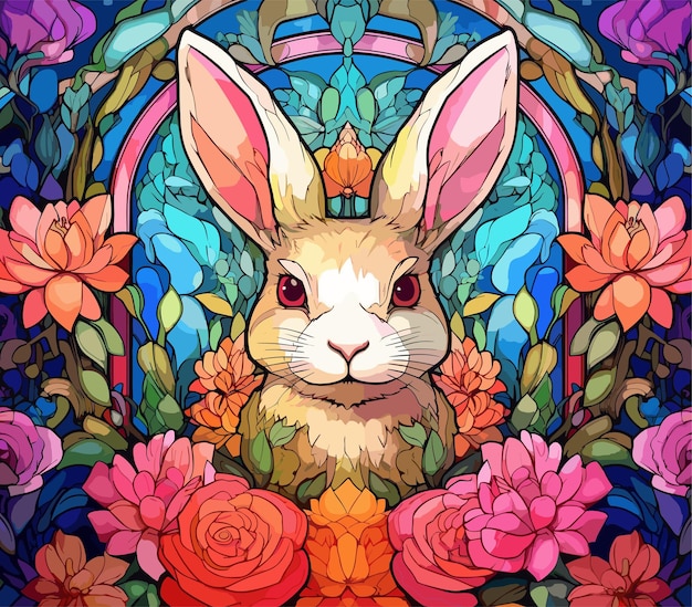 Vector conejo colorido acuarela vidriera de dibujos animados clipart animal concepto de año nuevo lunar