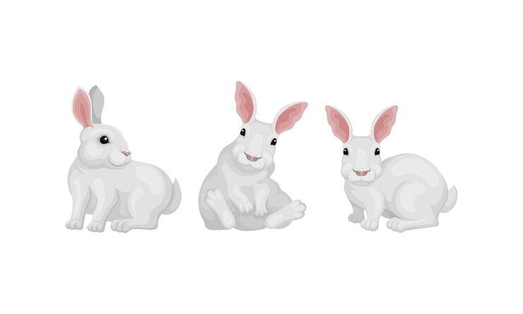 Vector conejo como pequeño mamífero con pelaje blanco en diferentes posturas conjunto vectorial