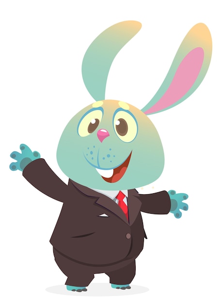 Conejo de conejito sonriente divertido de dibujos animados con toxedo o traje de negocios ilustración vectorial