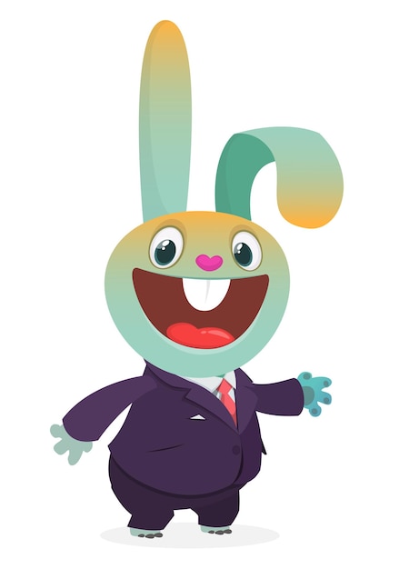Conejo de conejito sonriente divertido de dibujos animados con toxedo o traje de negocios ilustración vectorial