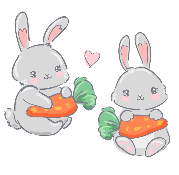 Conejo dibujado a mano con una ilustración de zanahoria impresa para niños vector