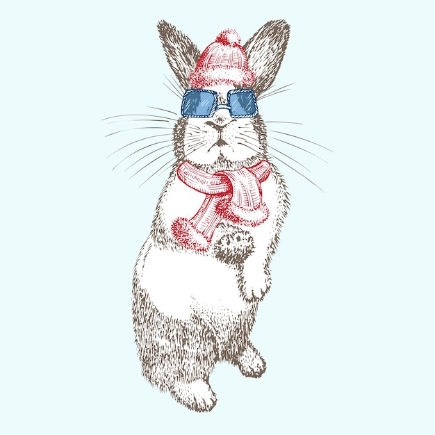 Conejo dibujado a mano en sombrero de invierno rojo bufanda gafas de sol símbolo de conejito año nuevo chino 2023 decoración de navidad arte del tatuaje dibujo en blanco y negro diseño de estilo de grabado vector