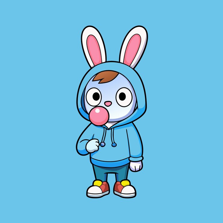 Vector un conejo de dibujos animados con una capucha y un chicle. ilustración de arte vectorial