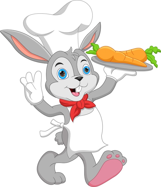 conejo de dibujos animados chef llevando zanahorias
