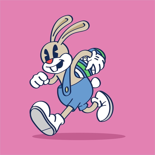 Un conejo de dibujos animados corriendo con un fondo rosa.
