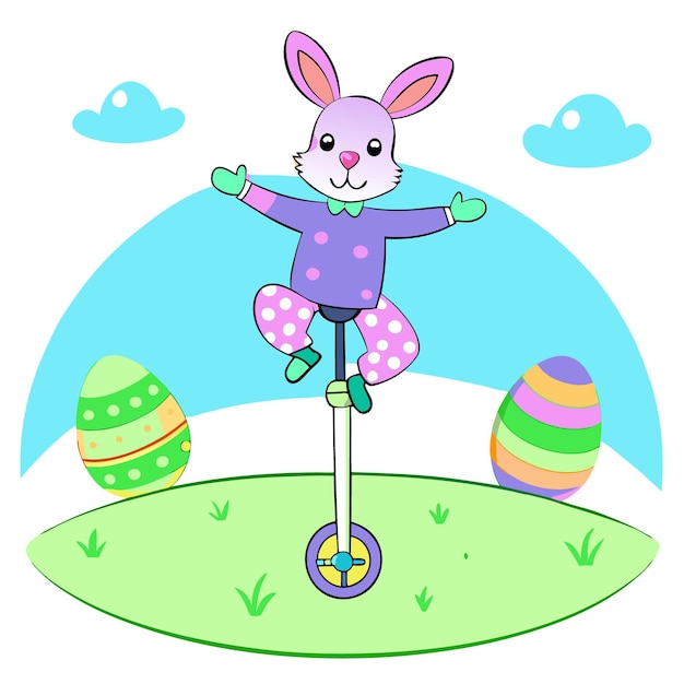 un conejo de dibujos animados está en un scooter con huevos de Pascua