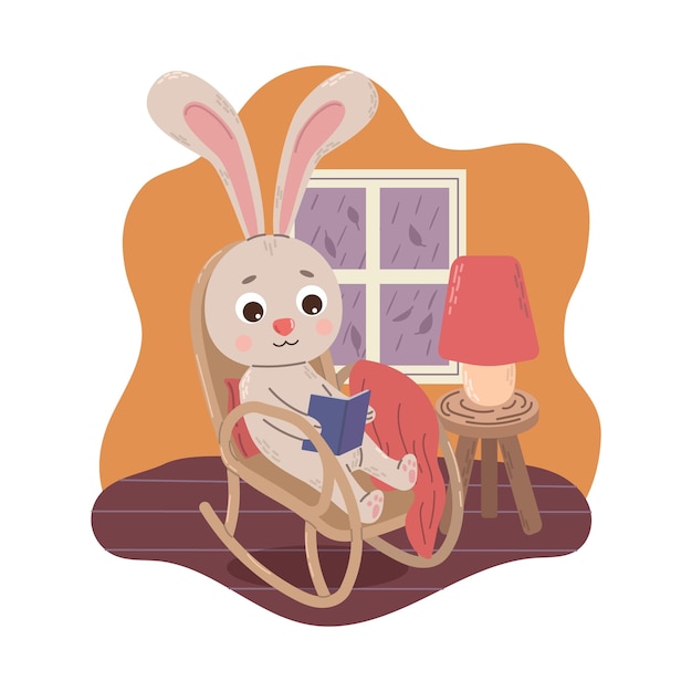 El conejo de dibujos animados está sentado en una silla junto a la ventana y lee un libro al estilo plano