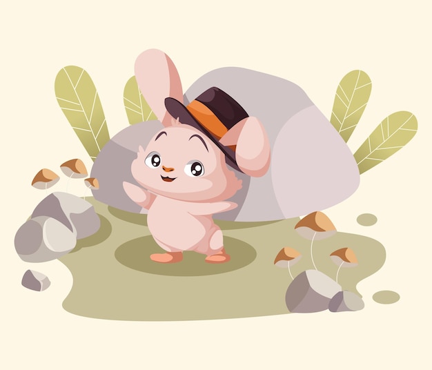 Vector conejo de dibujos animados lindo jugando en las rocas ilustración plana