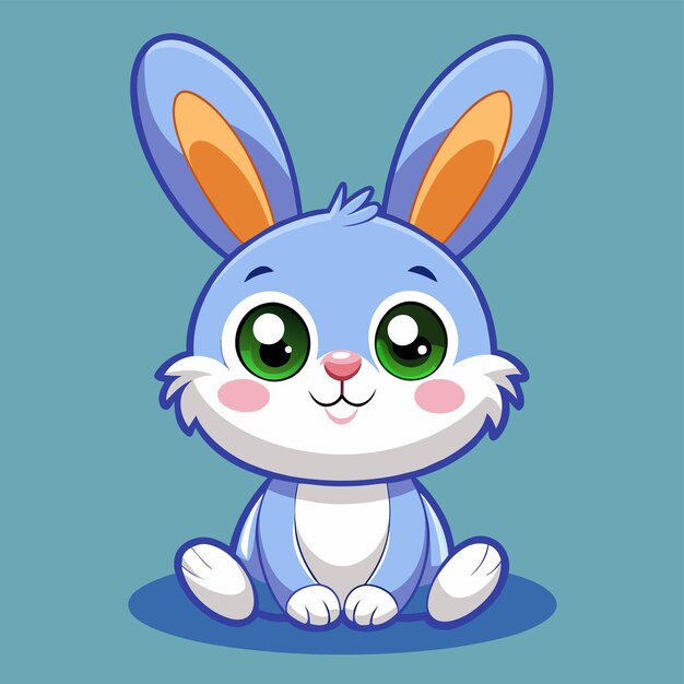 un conejo de dibujos animados con ojos verdes sentado en un fondo azul