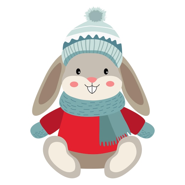 Conejo de dibujos animados con ropa de invierno Ilustración con conejo dibujado a mano mascota densamente vestida
