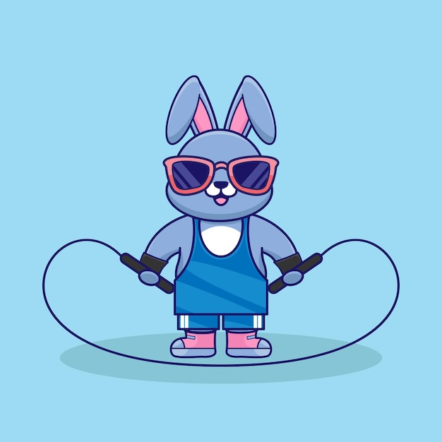 Conejo de dibujos animados saltando la cuerda vector ilustración plana Estilo de dibujos animados de entrenamiento de conejo lindo