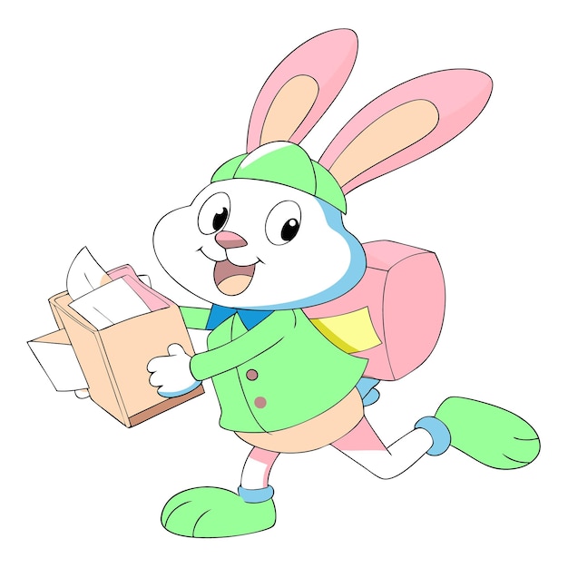 un conejo de dibujos animados con un sombrero verde llevando una caja de papel