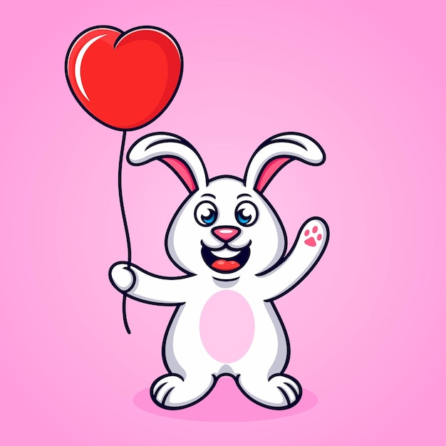 conejo de dibujos animados sosteniendo un globo de corazón divertido divertido lindo