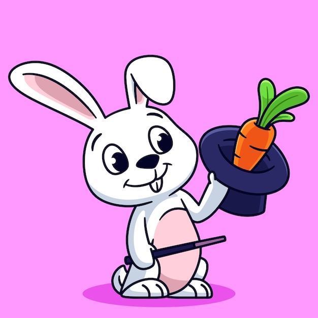 Un conejo de dibujos animados sosteniendo un sombrero negro y una zanahoria.
