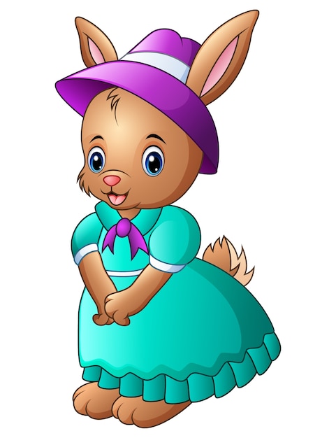 Conejo de dibujos animados vistiendo un vestido azul con un sombrero morado