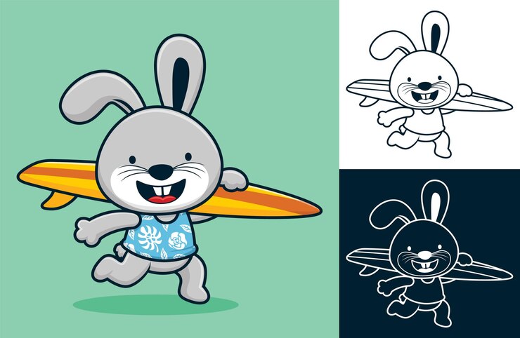 Vector conejo divertido corriendo mientras lleva la tabla de surf. ilustración de dibujos animados de vector en estilo de icono plano