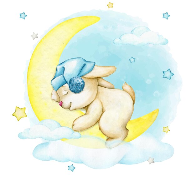 el conejo durmiente las nubes de la luna las estrellas la acuarela clipart