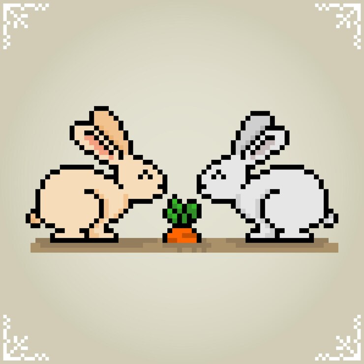 Vector conejo está comiendo una zanahoria en píxeles de 8 bits para activos de juego y patrones de punto cruzado en vector