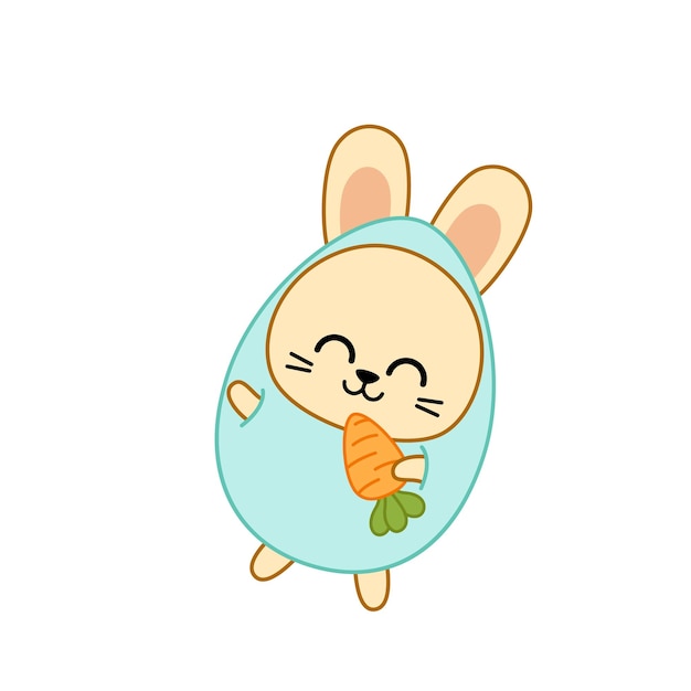 El conejo está comiendo zanahoria en traje de huevo azul Ilustración vectorial de dibujos animados eps 10