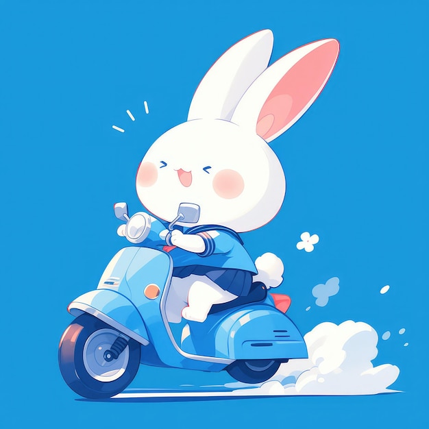 Un conejo está montando un scooter al estilo de los dibujos animados