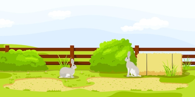 Conejo europeo cerca de la valla en el recinto del zoológico Vacaciones de verano Vida silvestre rural natural Granja habitante diseño de dibujos animados Lindo personaje de liebre Paisaje pintoresco Naturaleza salvaje Ilustración vectorial