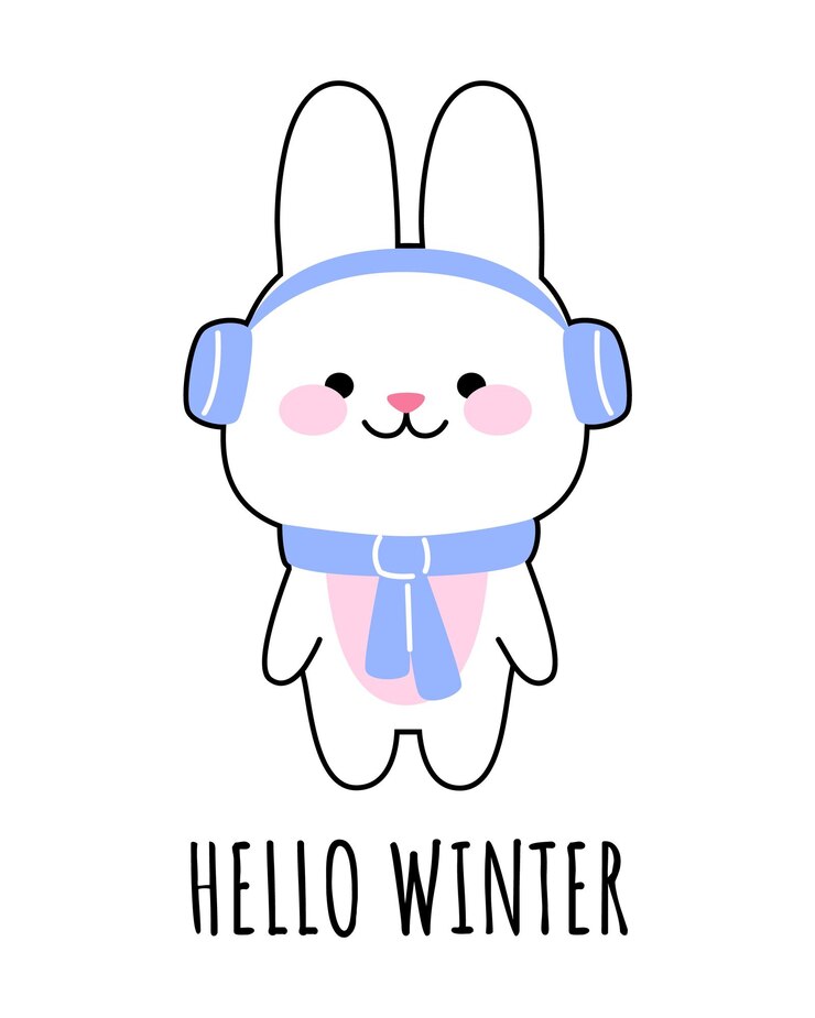Vector un conejo feliz con auriculares calientes y una bufanda el concepto de hola invierno vector kawaii ilustración para impresiones postales pancartas plantillas