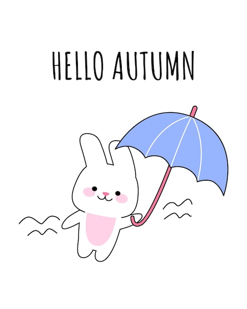 Un conejo feliz con paraguas El concepto de hola otoño Vector kawaii ilustración para impresiones postales pancartas plantillas