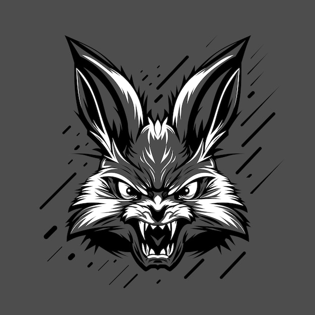 Conejo furioso enojado con ojos ardientes, logo en blanco y negro. ilustración vectorial