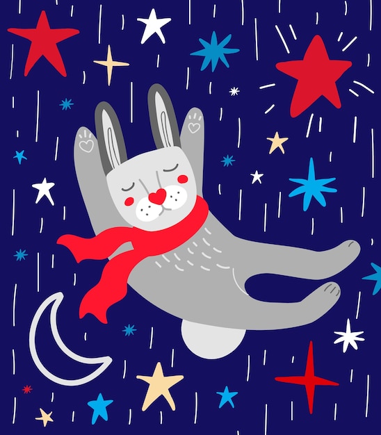 Conejo gracioso con una bufanda roja duerme contra el fondo del cielo estrellado tarjeta de felicitación de Navidad con conejo ilustración vectorial