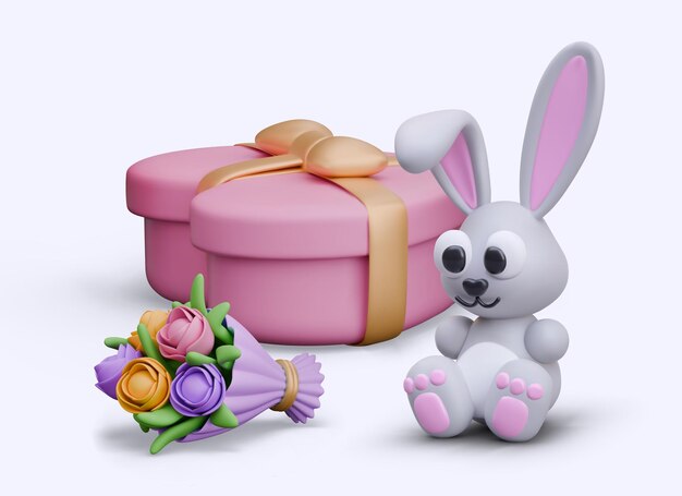 El conejo gracioso está sentado junto a una caja de regalos gigante un ramo realista de flores dulces de juguete