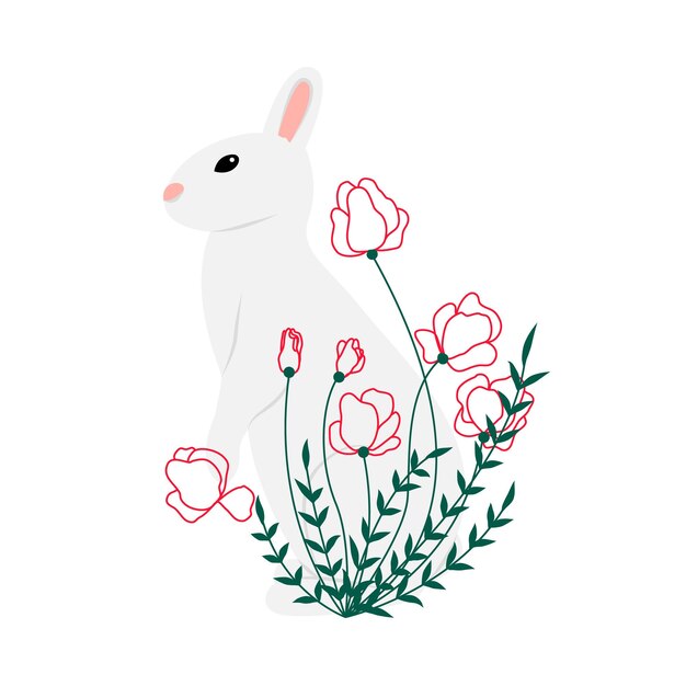 Conejo gris minimalista en amapola de flores silvestres dibujada al estilo de garabato