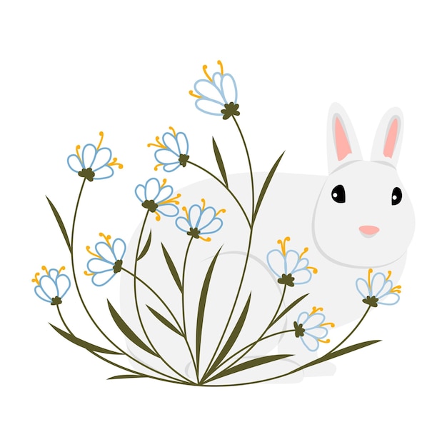 Conejo gris minimalista en campanas de flores silvestres dibujadas al estilo de garabato