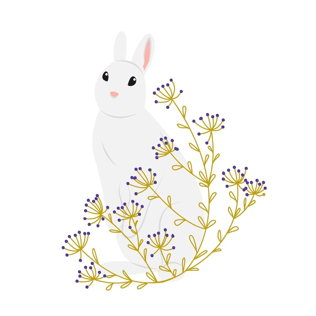 Vector conejo gris minimalista en párpados con pequeñas bayas dibujadas al estilo de garabato