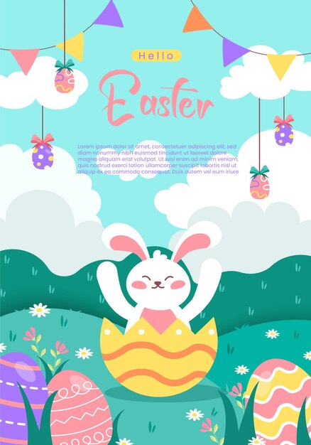Conejo con huevo de Pascua para el día de Pascua feliz celebración del día de pascua medios de comunicación historias sociales diseño plano