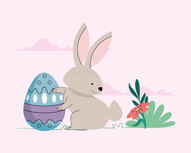 Conejo y huevo de primavera pintados